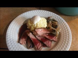 Steak N' Mashed Sweet Potatoes with Mushroom N' Onions with a Cabernet Sauce.