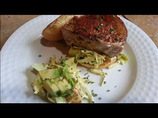 Ahi Tuna Burger with Avacado and Cole-Slaw.