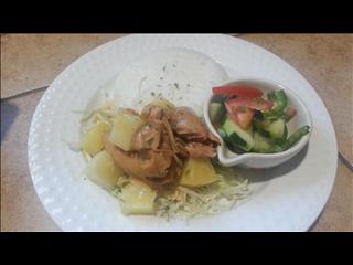 Hawaiian Stewed Pineapple Chicken with Coconut Jasmin Rice and Halapeno Rice Vineger/Peanut Oil, Cuc(..)