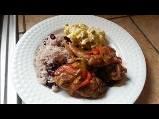 Belizean Rice N' Beans, Stewed Chicken and Potato Salad.