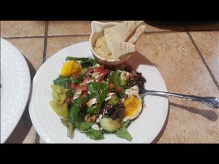 Hummus..Pita...Salad with Egg, Olives, Tomato, Feta, Cucumber, Pepperchini.