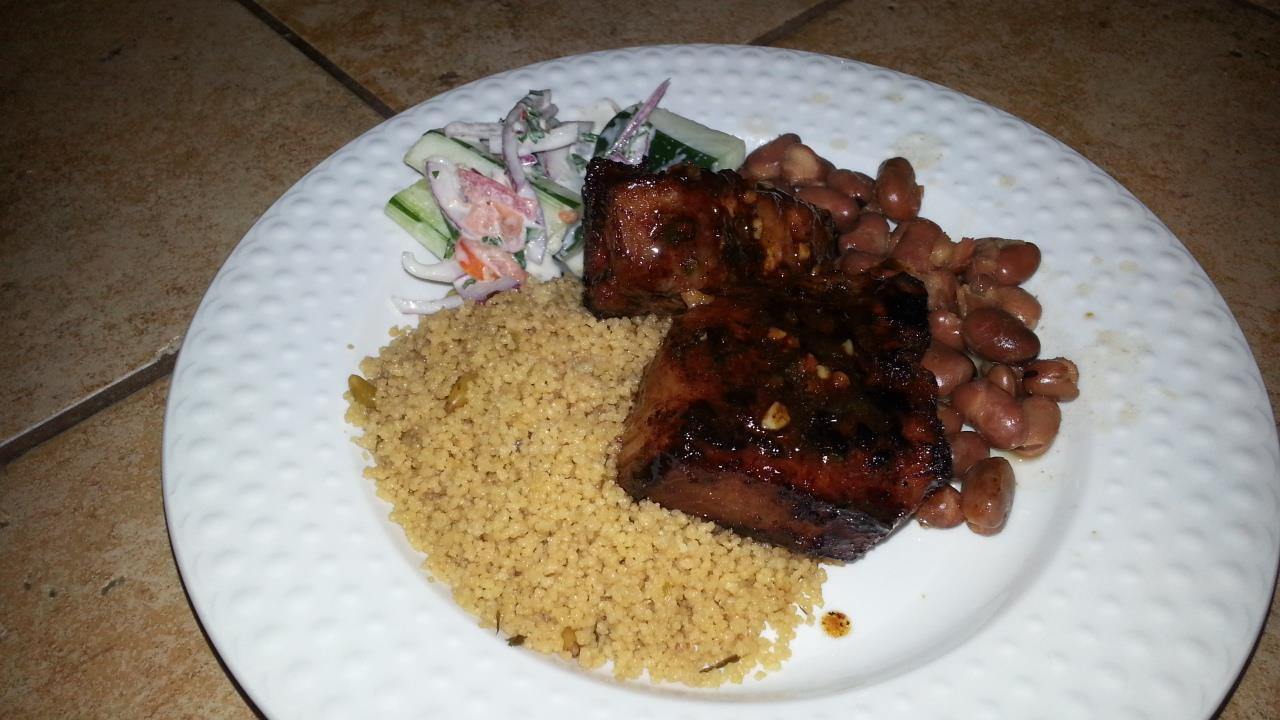 Garbanzo Beans, Couscous and Lamb Steaks with Cucumber Salad.